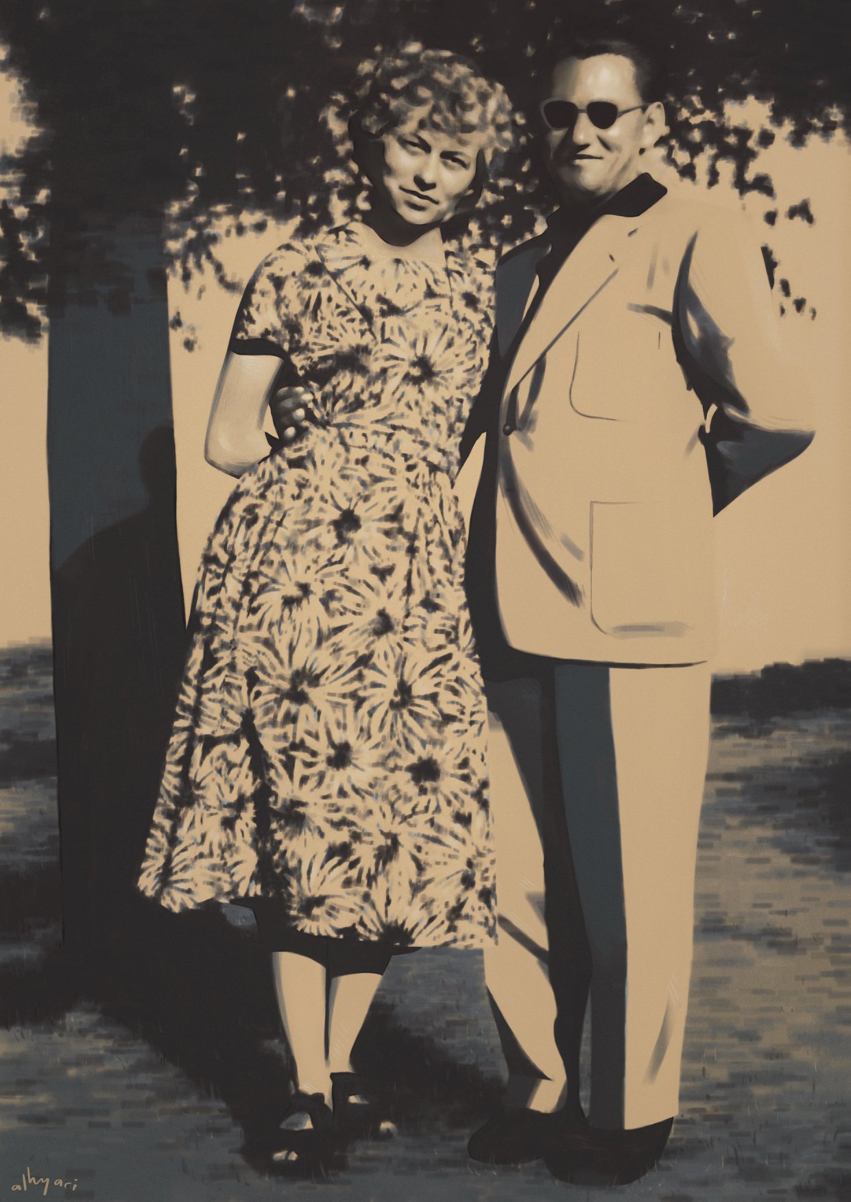 لوحة رقمية تصور رجلاً وامرأة كهلين، واقفين أمام شجرة. من إنتاج الحياري.آرت