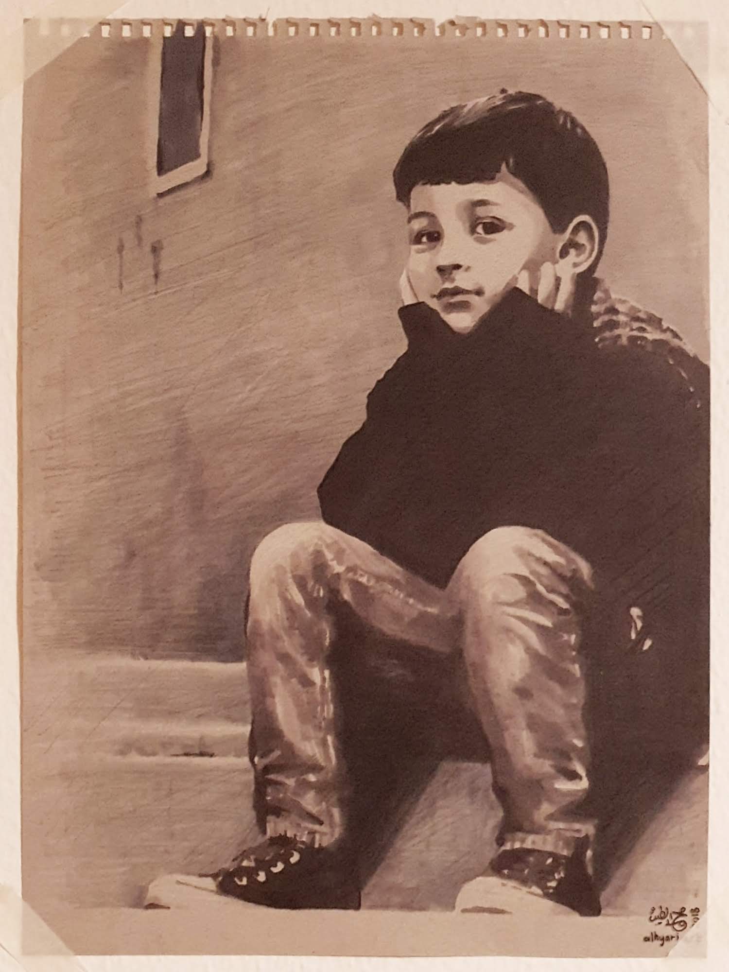 A traditional painting of a boy sitting on stairs in As-Salt city in Jordan, done by Alhyari.Art using copic markers, pencils and pens on toned paper | لوحة لطفل جالس على درج في مدينة السلط، الأردن، الحياري.آرت