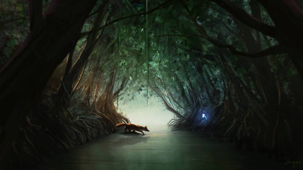 fox reaching out to magical, glowing, white flower in mangrove tunnel. digital painting by alhyari