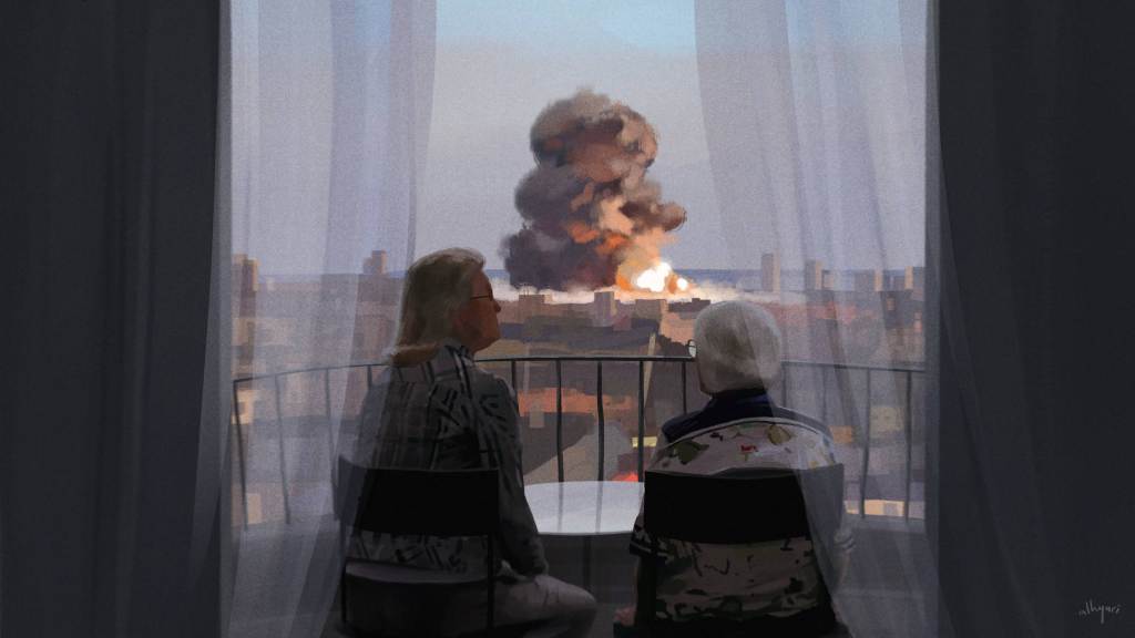 Two women chatting normally as an explosion hits the nearby horizon. Inspired by the incident of Beirut (4 August 2020). Digital Procreate painting by freelance digital artist and illustrator, Alhyari Art.