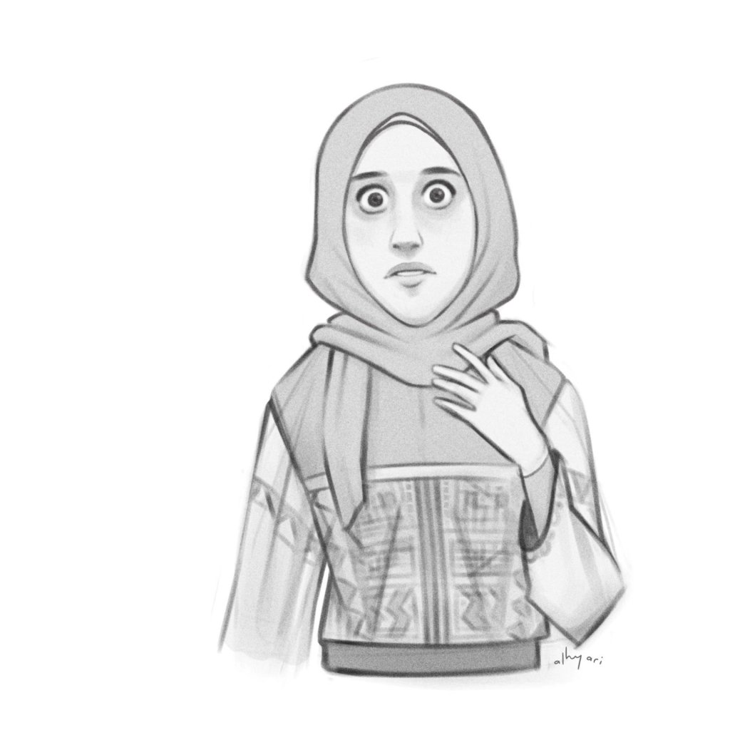 Digital drawing of a woman in shock. The woman is wearing a hijab (head cover) on her head and a traditional dress on her body. Stylized character portrait drawing by Alhyari Art, freelance digital artist, cartoonist, caricaturist and illustrator based in Khobar, Saudi Arabia. Services offered in Dubai, UAE, Doha, Qatar, Bahrain, Oman, Jordan and around the globe.
