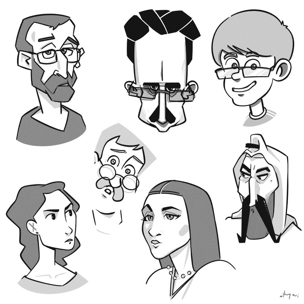 Digital drawing of 7 cartoon characters of different ages and ethnicities. Stylized character portrait drawing by Alhyari Art, freelance digital artist, cartoonist, caricaturist and illustrator based in Khobar, Saudi Arabia. Services offered in Dubai, UAE, Doha, Qatar, Bahrain, Oman, Jordan and around the globe.